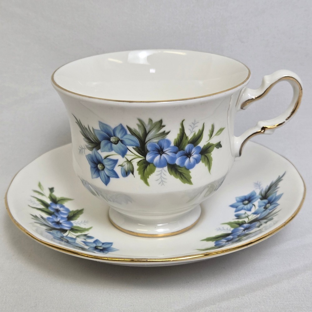 Queen Anne Teacup & Saucer Set Bone China England Blue Morning Glory 8565 Vtg